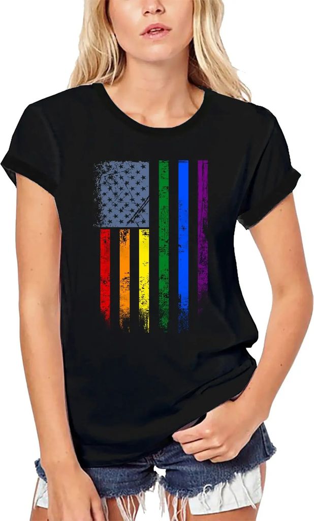 Damen Grafik T-Shirt aus Biobaumwolle Lgbt Amerikanische Flagge – Lgbt American Flag – Öko-Verantwortlich Vintage Jahrgang Kurzarm Lustige Druck