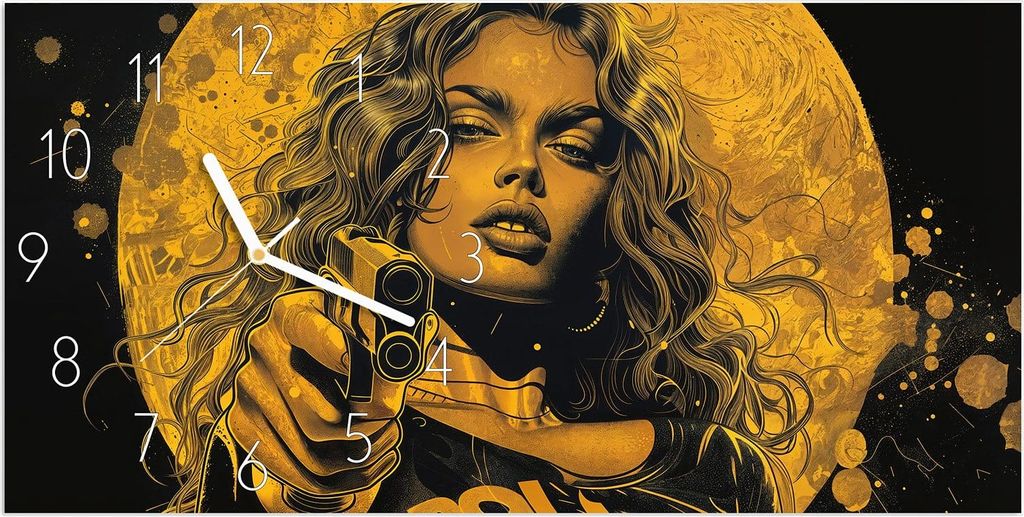 Wanduhr aus Glas mit Motiv Frau Mit Pistole Kunst- 60 x 30 cm - inkl. Aufhängesystem