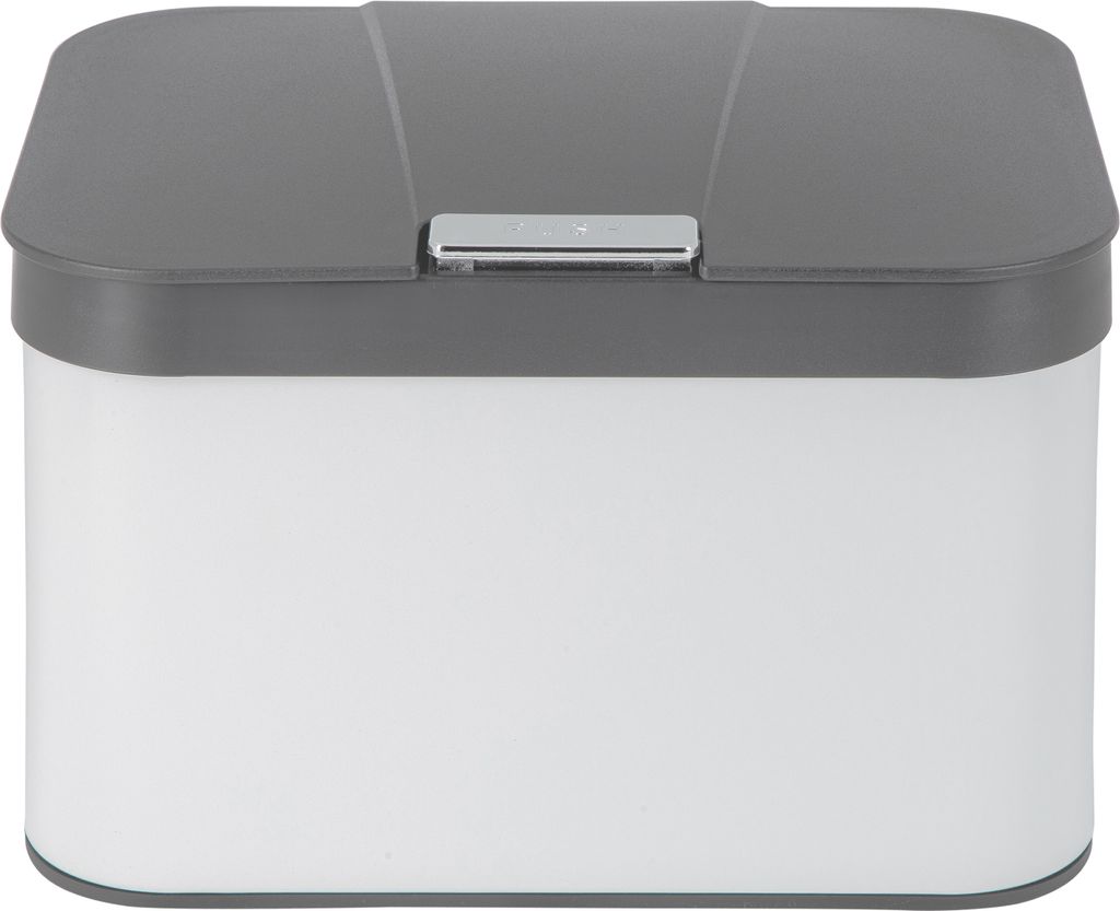A white and gray compost bin with a lid.