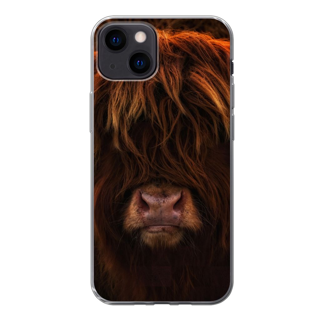 MuchoWow Handyhülle Schutzhülle Hülle für iPhone 13 Schottischer Highlander - Kuh - Schwarz - Porträt Silikon Softcase Handy Hülle - Karten...