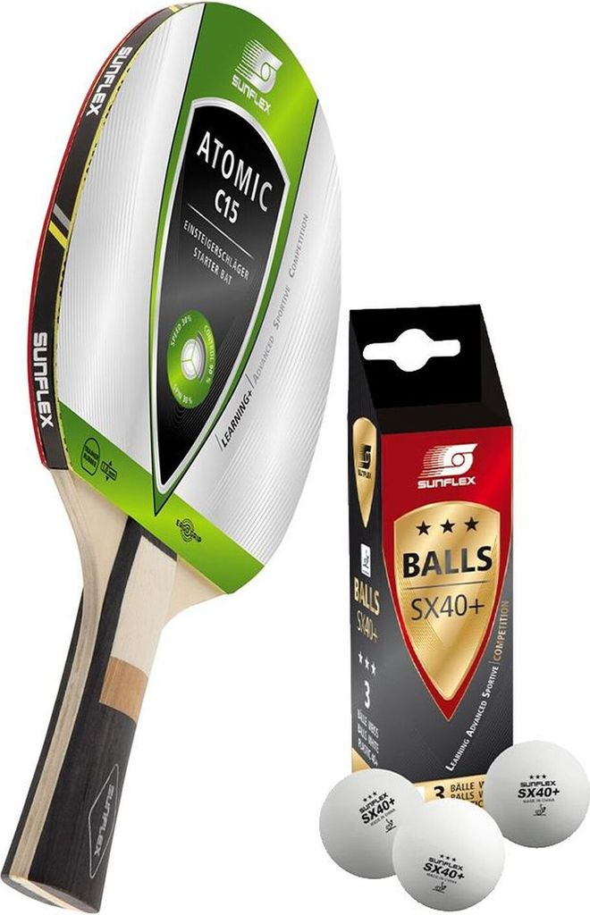 Sunflex 1x Tischtennisschläger Atomic C15 + 3x SX+ Tischtennisbälle