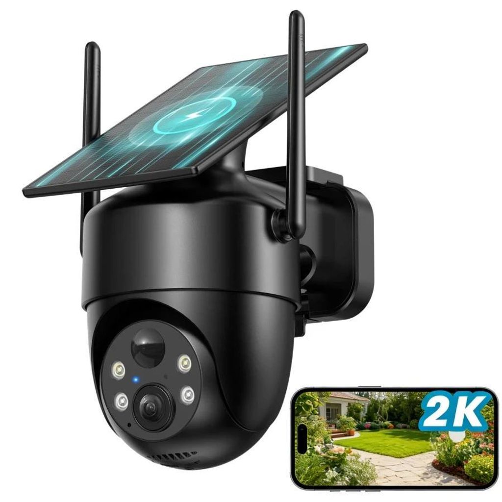 2K Überwachungskamera Aussen Solar Akku 3MP 360°PTZ Panorama Integrierter Solarpanel Kabellos PIR-Bewegungserkennung Automatische Verfolgung