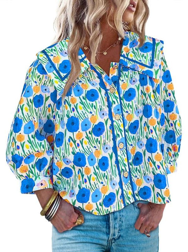 Modische, lässige Damenbluse mit Blumenmuster, 3/4-Ärmeln und eckigem Kragen,Größe:S