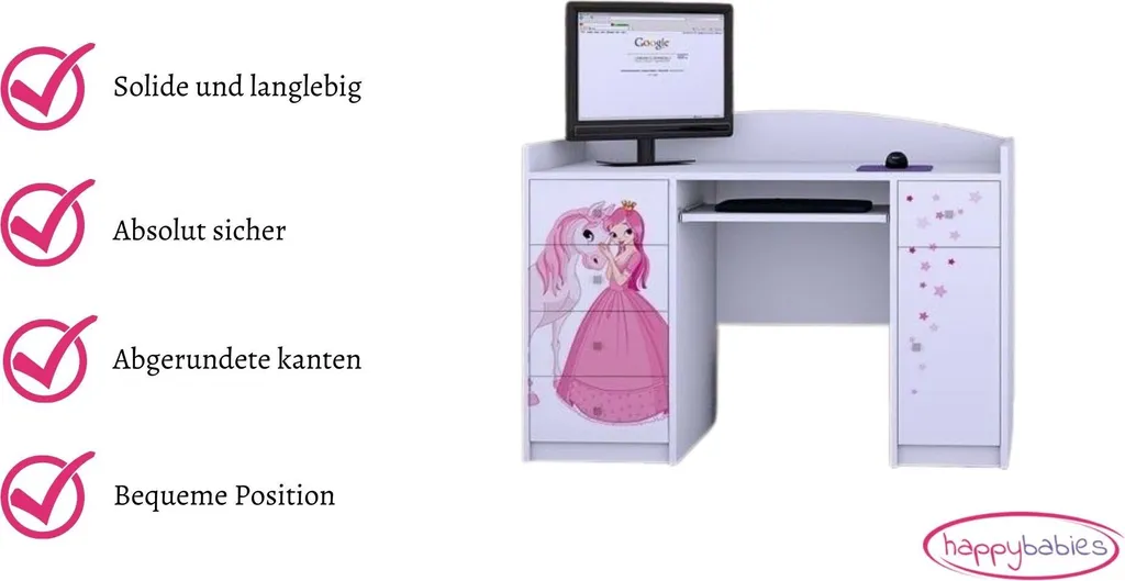 Table d'ordinateur Happy Babies avec support clavier et 5 tiroirs blanc