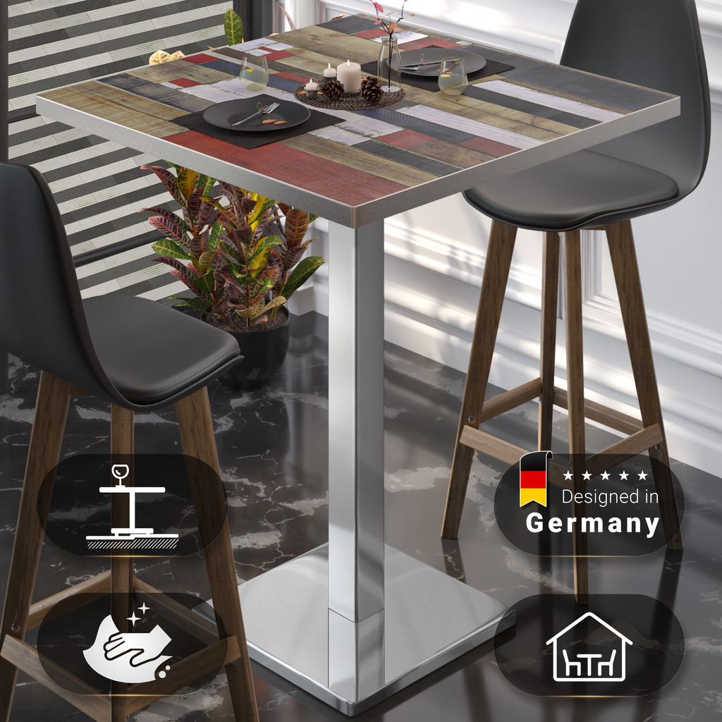 BM | Bistro Stehtisch | 60 x 60 x 108 cm | Quadratisch | Edelstahl Rand | Vintage Bunt / Edelstahl | Gastro Steh Tisch Restaurant