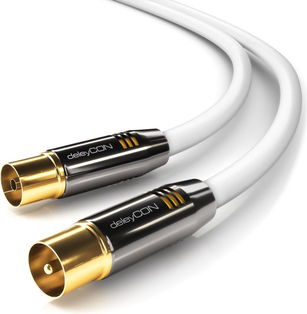 deleyCON 7,5m 4K TV Antennenkabel Koaxialkabel TV-Kabel HDTV FULL HD - IEC-Stecker zu IEC-Buchse - Metallstecker - Analog Digital - Weiß