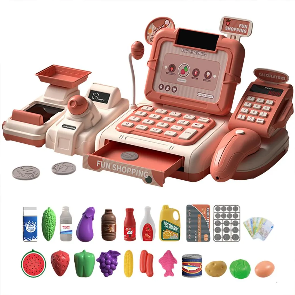Caisse enregistreuse enfant en bois avec scanner et accessoires de jeu