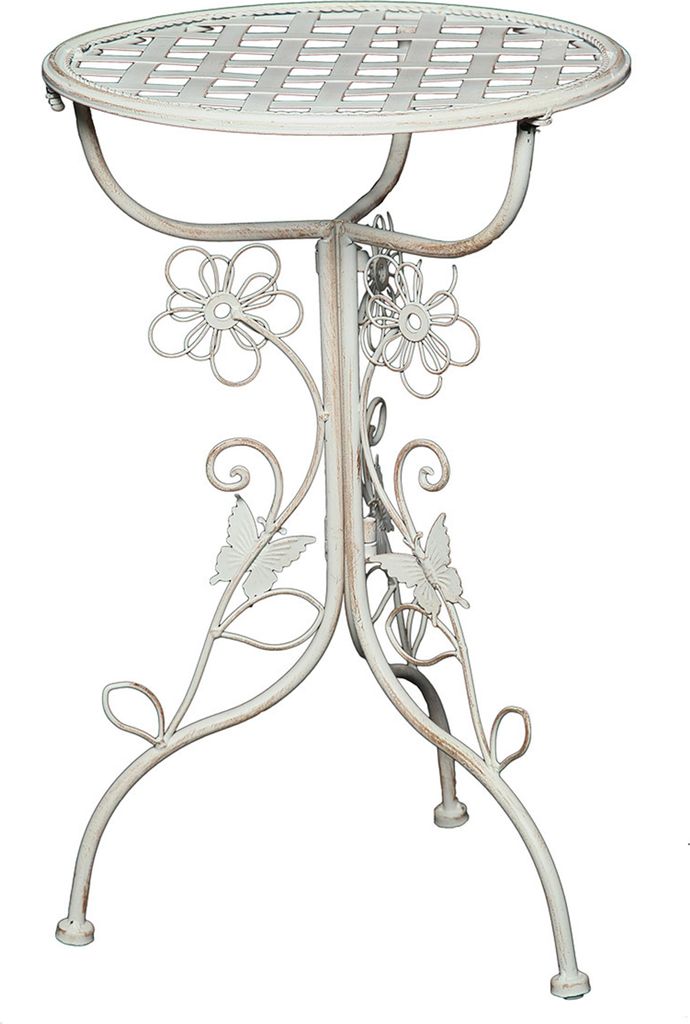A white metal side table with decorative floral and butterfly elements.