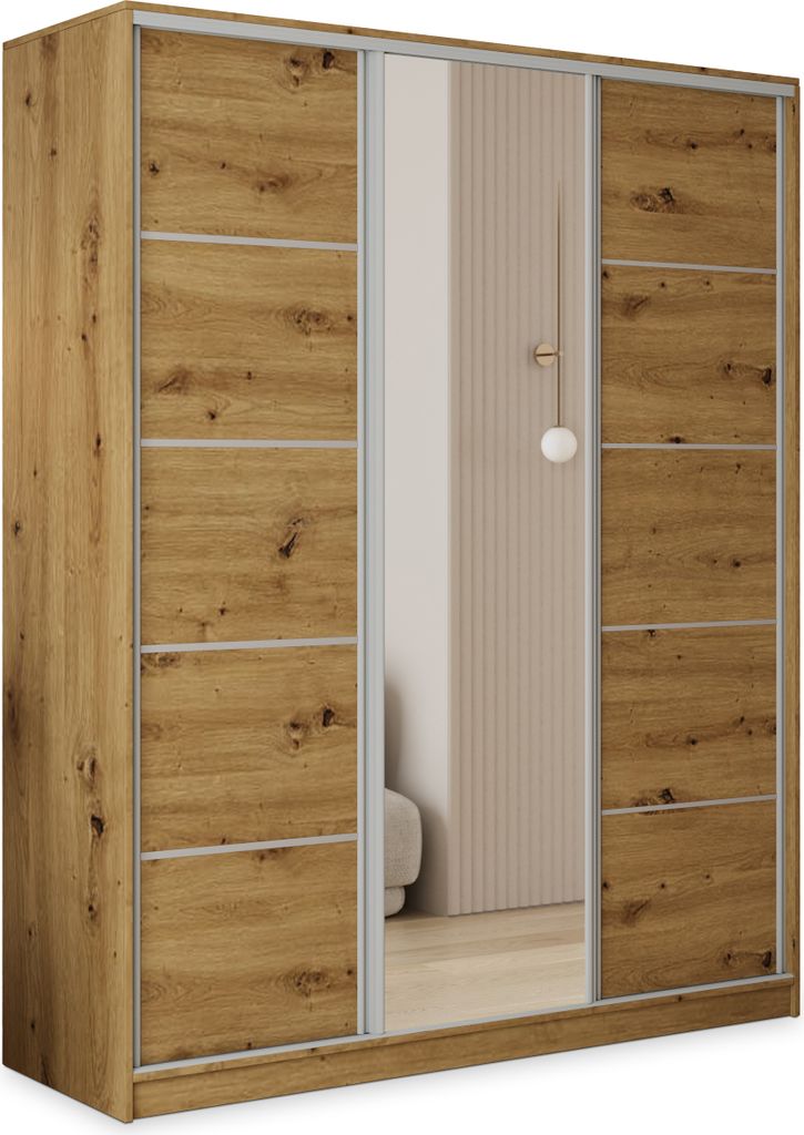 Masseno Schiebetürenschrank PINA 160/205/58 cm Kleiderschrank mit 4 Schubladen Schlafzimmer Schrank 3-türig mit Spiegel Eiche Artisan