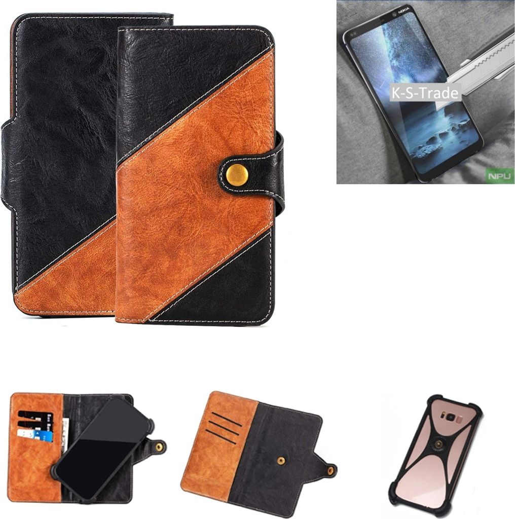 K-S-Trade Handyhülle Schutzhülle Bookstyle Case Wallet-Case kompatibel mit Nokia 9 PureView Handy Cover Bumper Klapphülle schwarz hellbraun 1x
