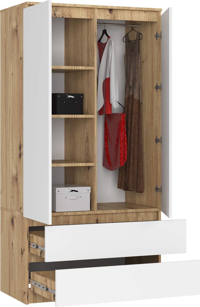Kleiderschrank S90 90cm Garderobe 2 Türen 2 Schubladen Schrank 180cm hoch CLP