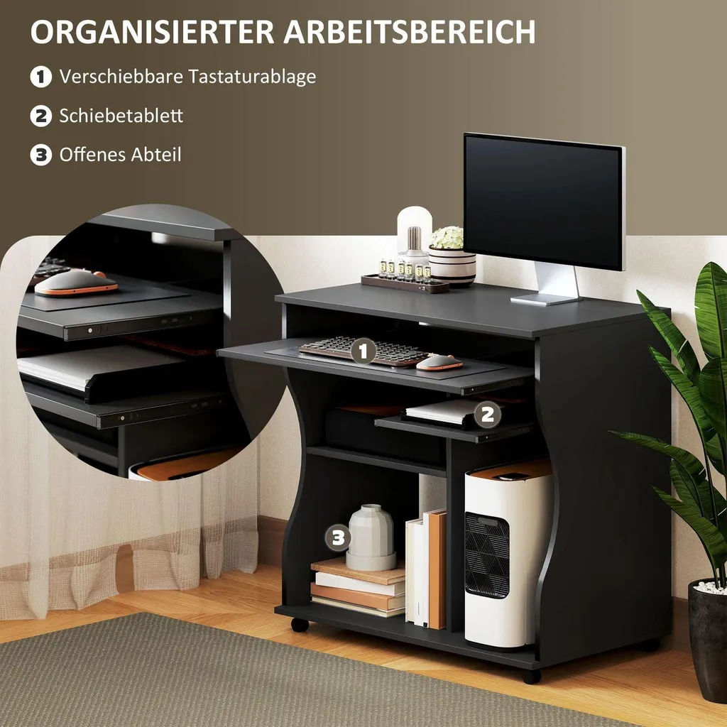 Table PC pour Télétravail Mobile avec Support Clavier et Roulettes 80cm