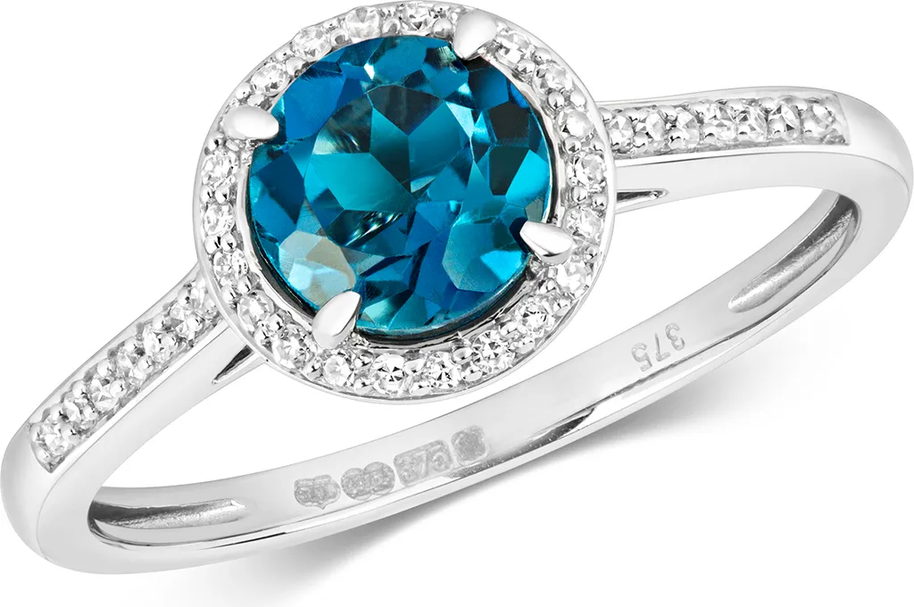 Bague de Fiançailles Or Blanc 9K avec Topaze London Blue et Diamants Véritables