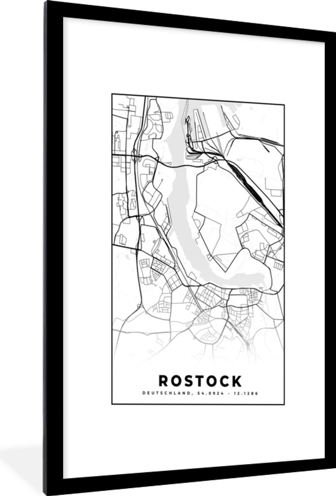 MuchoWow Gerahmtes Poster Karte - Stadtplan - Rostock - Karte 60x90 cm - Poster mit Schwarzem Bilderrahmen Wandposter Rahmen Foto Bilder - Dekora...