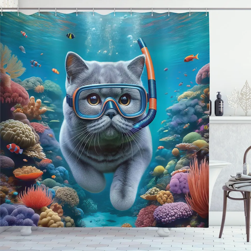 ABAKUHAUS Tenda da doccia nautica, divertente immagine surreale di un gatto grigio che si tuffa in una barriera corallina colorata nell'oceano profondo, 175 x 180 cm, turchese multicolore