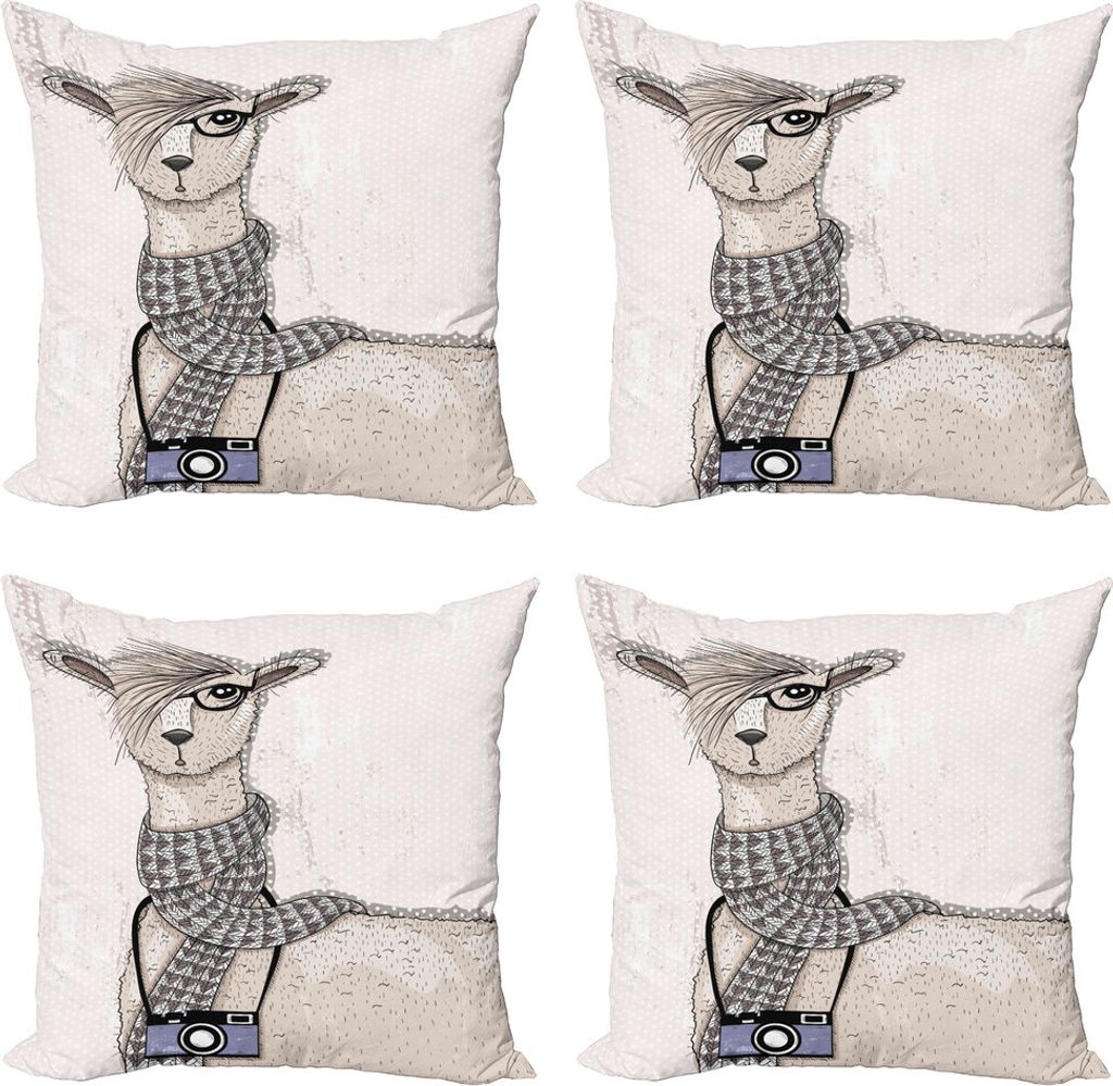 ABAKUHAUS Tier Kissenbezug Set (4 Stück), Lama mit Brille Schal, Moderner Doppelseitiger Digitaldruck, 45 cm x 45 cm, Mehrfarbig