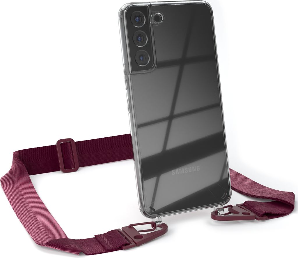 EAZY CASE - Hülle mit Band für Samsung Galaxy S22 Plus 5G, Handyhülle mit Umhängeband, Silikonhülle transparent, Handykette in Rot