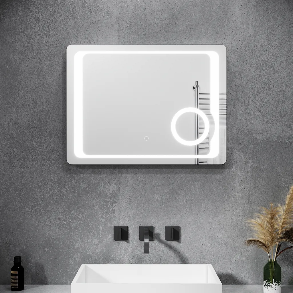 SONNI Specchio da bagno a LED Specchio illuminato senza nebbia 80 x 60 cm Specchio da bagno con illuminazione Interruttore a sfioramento Specchio da parete a LED con presa per rasoio e specchio da trucco con ingrandimento 3x