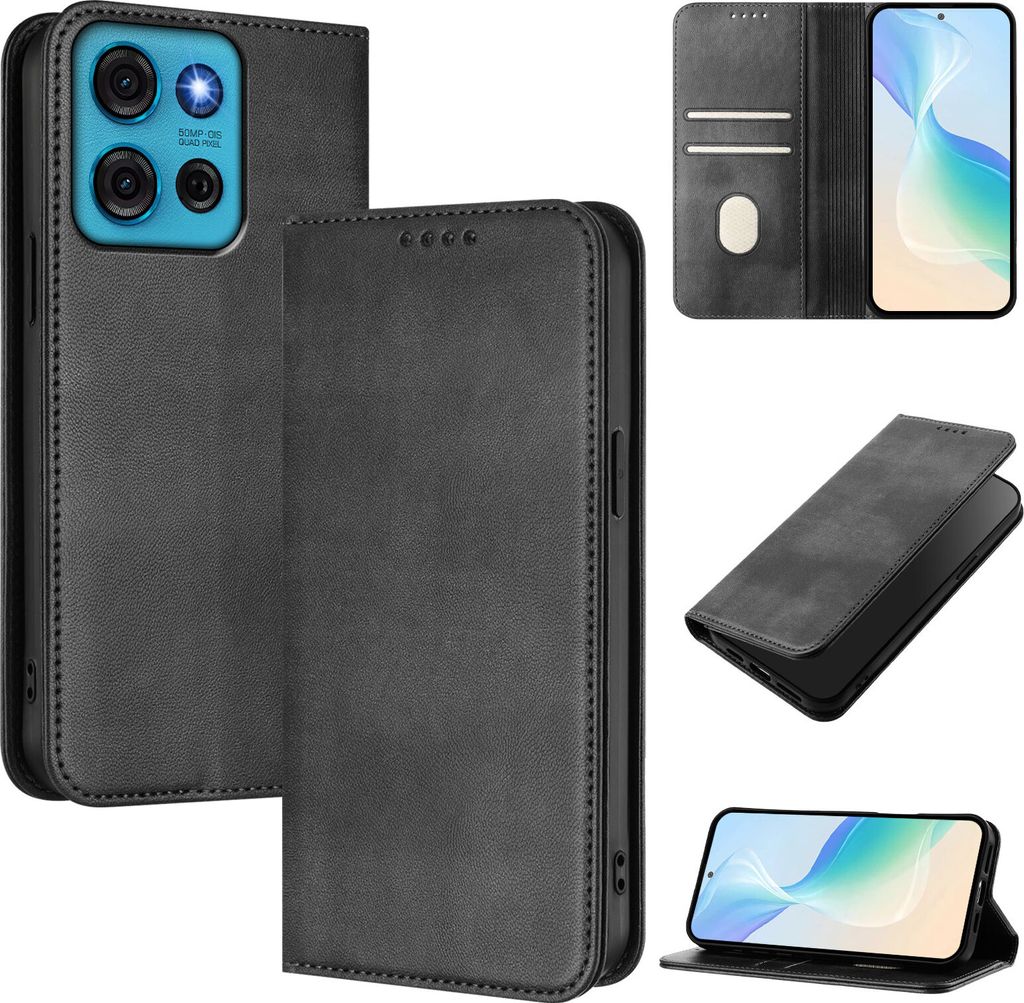 Handyhülle für Motorola Moto G75, Vintage Leder RFID Schutz Kartenfach Standfunktion Magnetische Klapphülle Schwarz