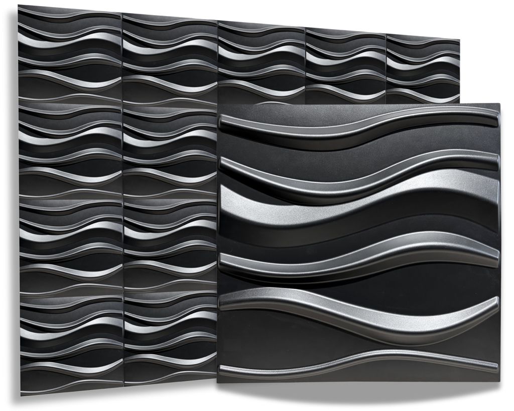 A collection of 3D wall panels with a wave-like design.