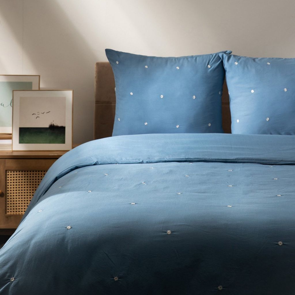 Kissenbezug Bettbezug Bettwäsche SKYLA Mikrofaser blau mit Stickerei 220x200 + 2*50x60 cm HOMLA