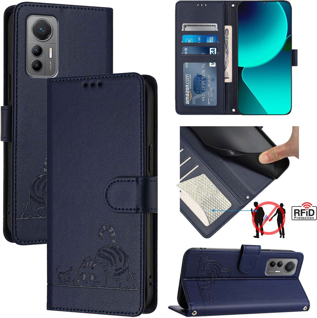 Leder Hülle für Xiaomi 12 Lite Süße Katze Flip Case Brieftasche Schutzhülle mit Standfunktion Blau