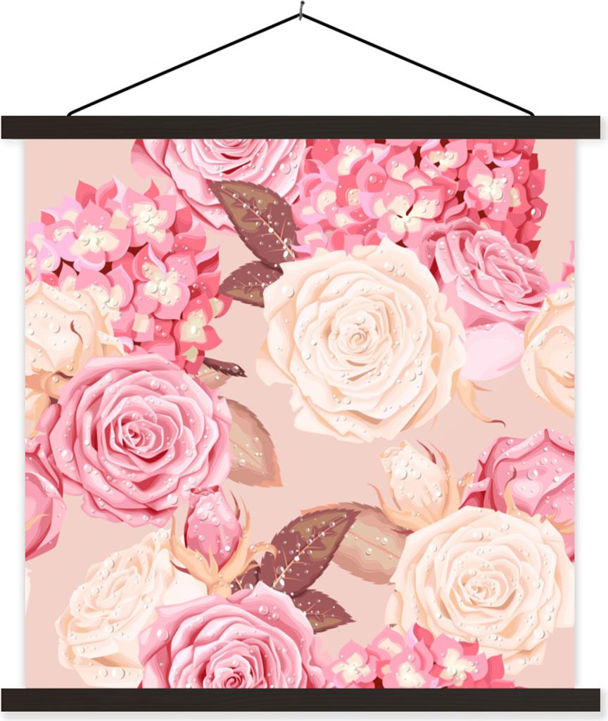 MuchoWow Textilposter Rosen - Glitzer - Rosa - Weiß 60x60 cm mit schwarzem Rahmen - Posteraufhänger