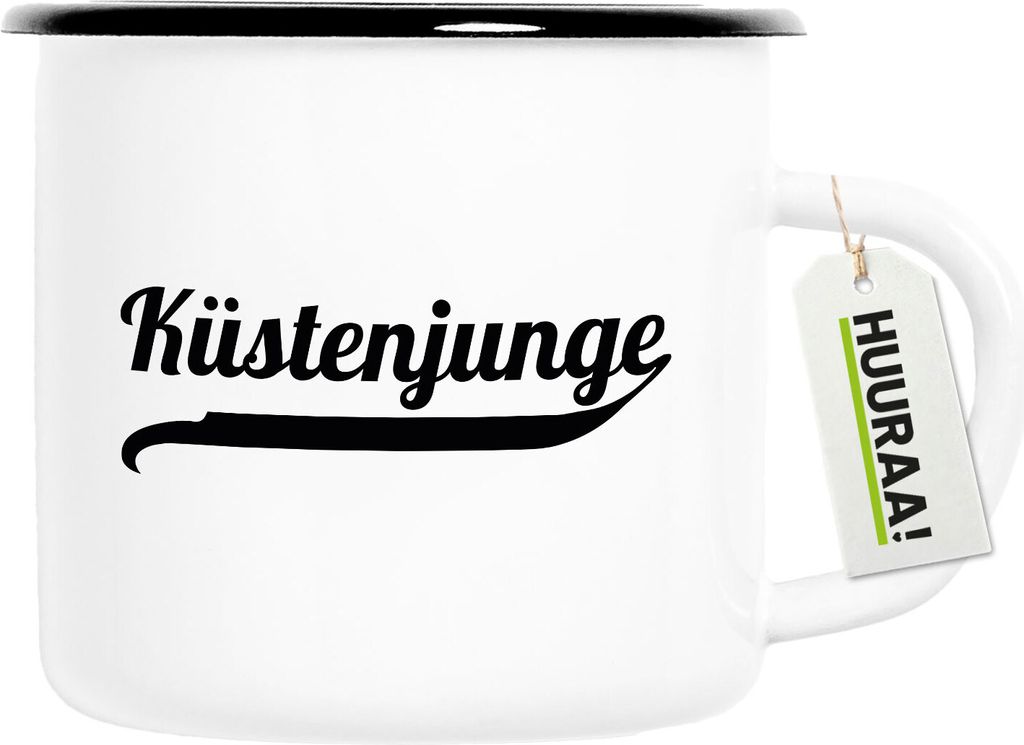 Huuraa Emaille Tasse Küstenjunge Schriftzug 300ml Vintage Campingbecher Geschenkidee