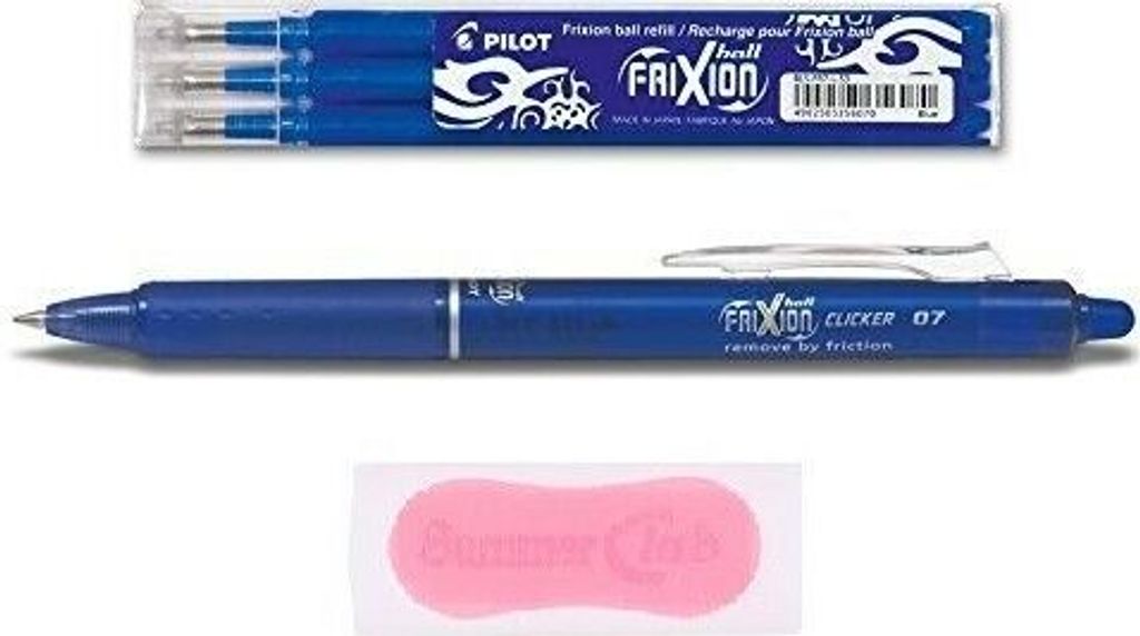 1 Pilot Frixion Clicker 0.7 blau + 3 Ersatzminen 0.7 blau + gratis Radierer pink