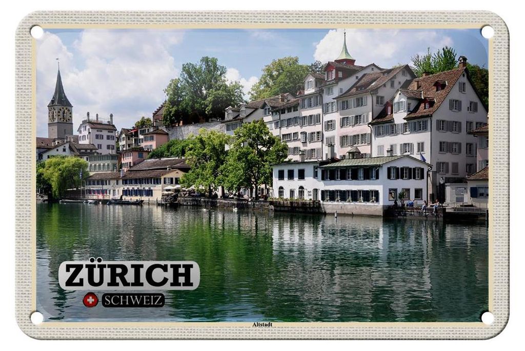 Blechschild Reise Zürich Schweiz Altstadt Fluss 18x12cm Dekoration
