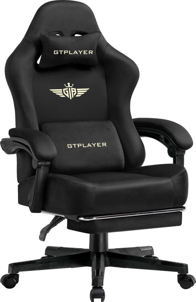 A black gaming chair with a footrest, shown from the front.