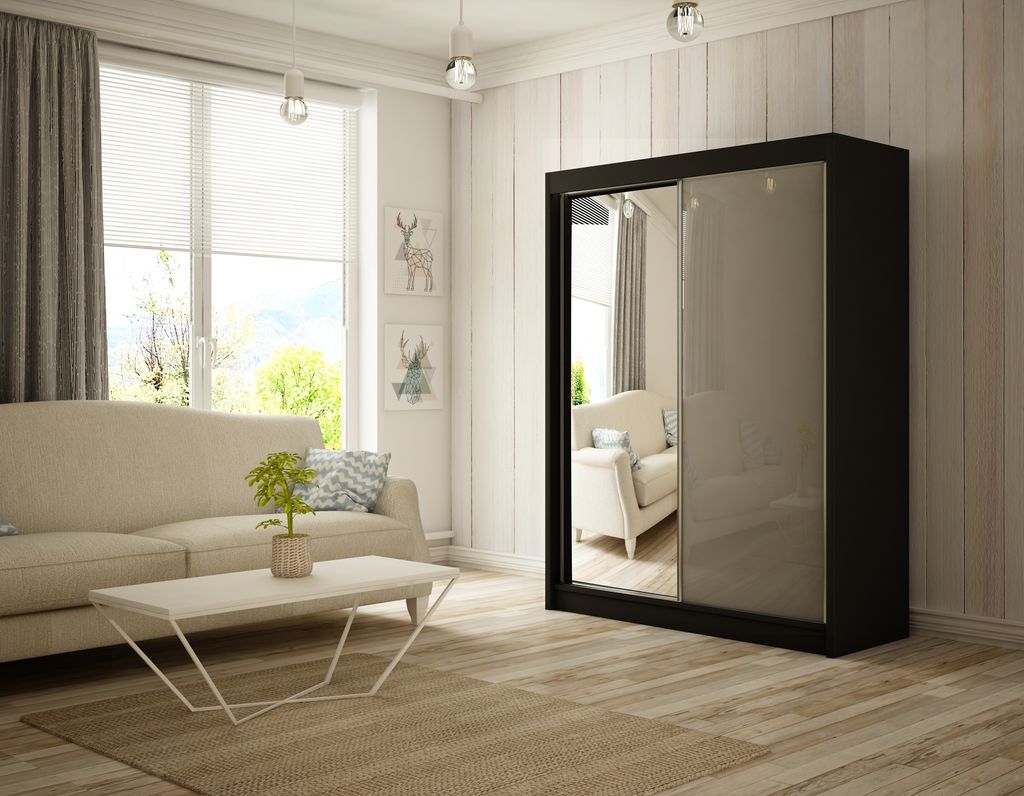 Kleiderschrank Venus 120 cm inklusive 2 Schiebetüren mit Spiegel Lieferung bis in die Wohnung Kleiderstange Garderobe Schrank (Farbe: schwarz, lac...