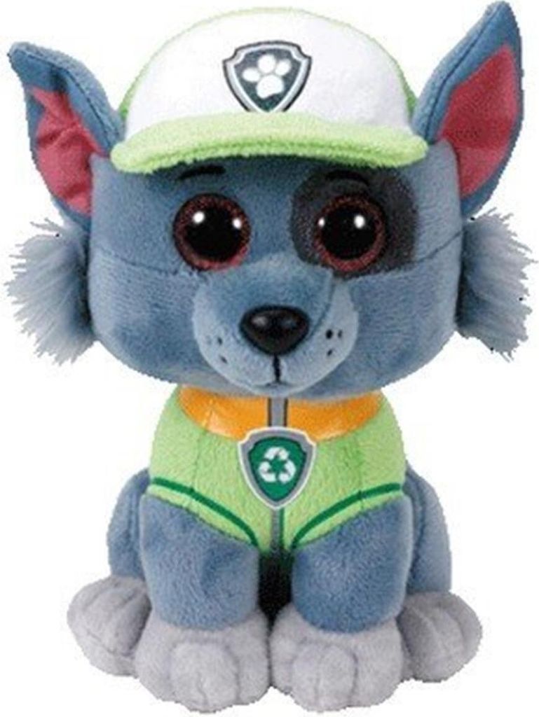 A plush toy dog wearing a hat and a vest.