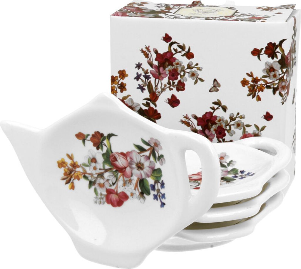 DUO FLORAL 4er-Set Teebeutelhalter VINTAGE FLOWERS WHITE New Bone China Porzellan