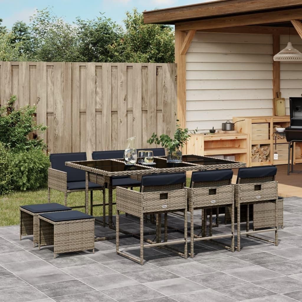 Maison Exclusive - 11-teiliges Garten-Ess-Set mit Kissen, grau, Polyrattan