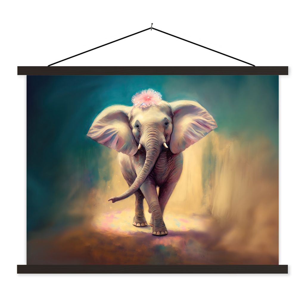 MuchoWow Textilposter Elefant - Tiere - Malen - Blumen - Porträt - Kinder 60x45 cm mit schwarzem Rahmen - Poster Schlafzimmer