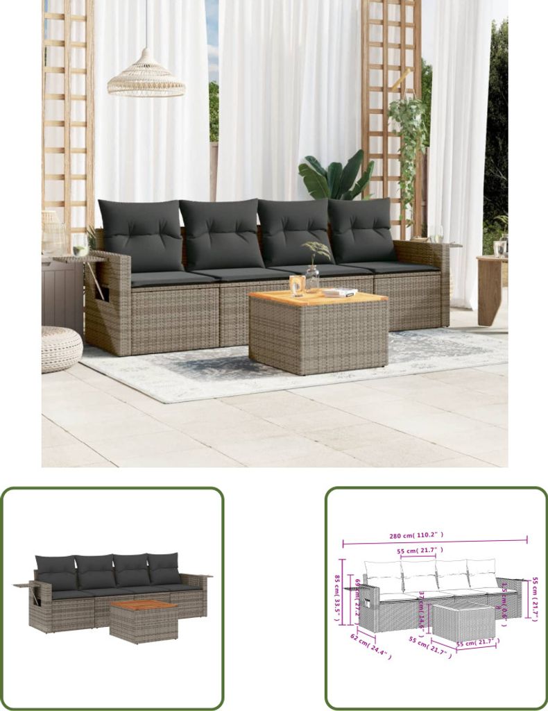 The Living Store 5-tlg. Garten-Sofagarnitur mit Kissen Grau Poly Rattan