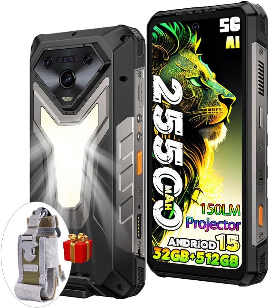 A rugged smartphone with a projector and a gift box with a strap accessory.