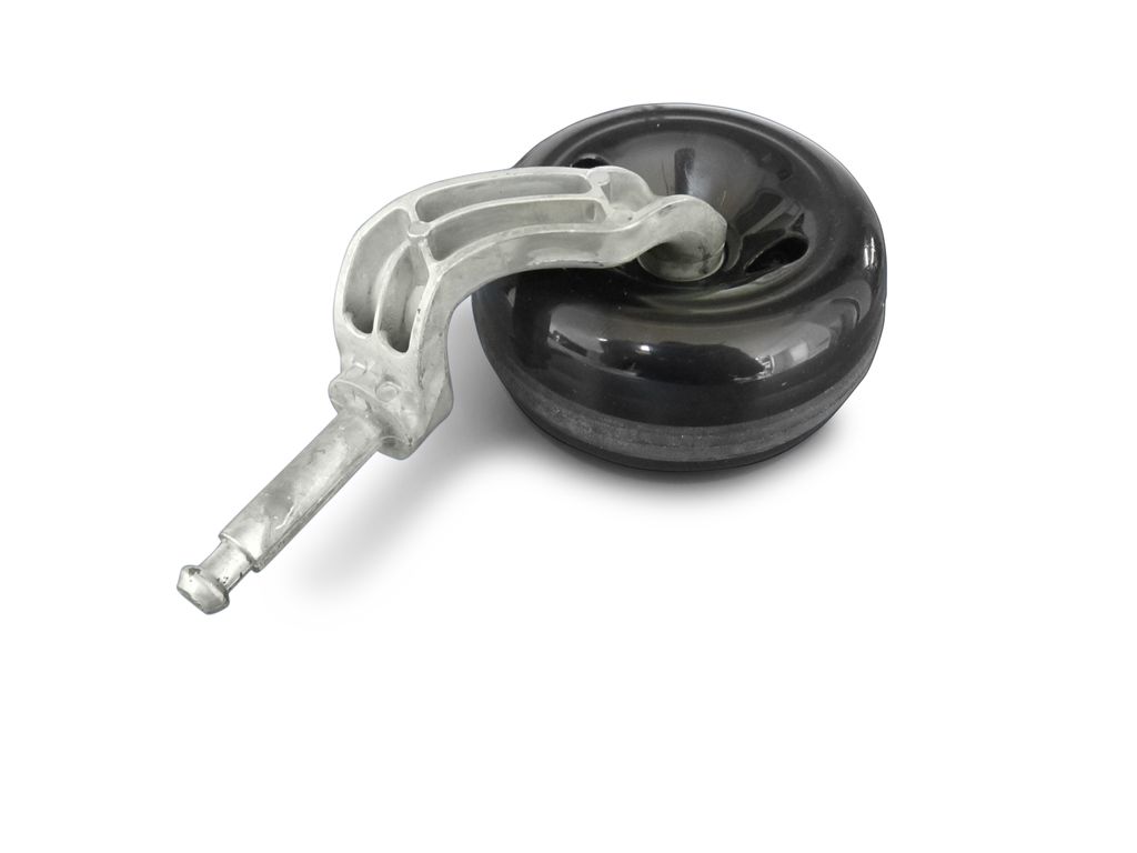 A single black wheel with a silver metal bracket attached, isolated on a white background.