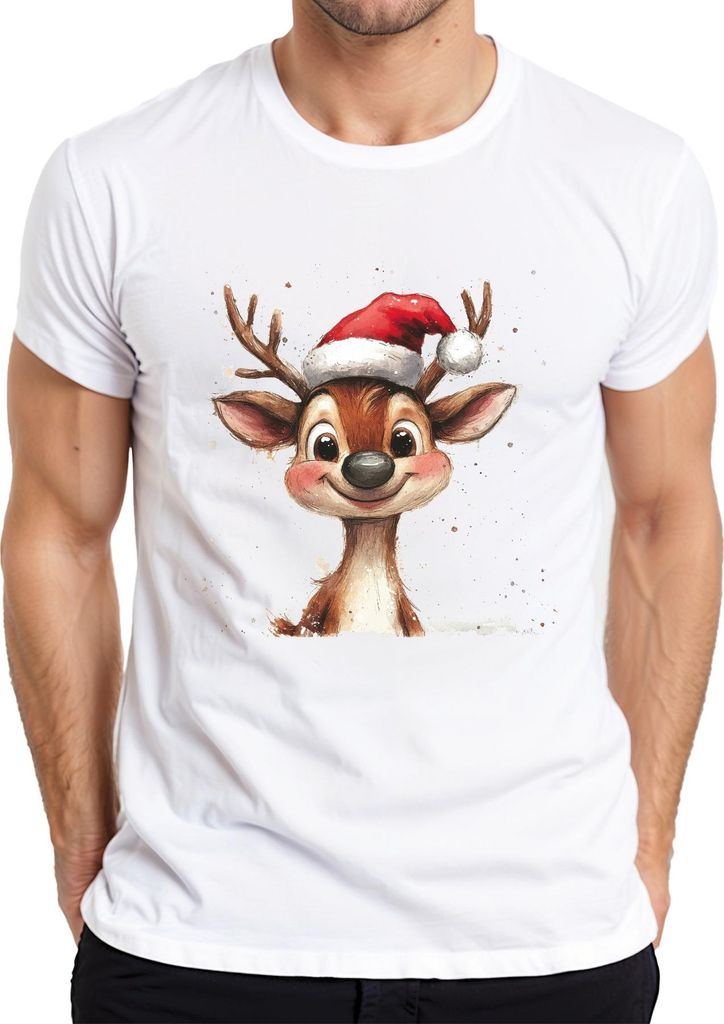 Weihnachten Süßes Rentier Santa Hut Geschenk Kinder Familie Herren T-Shirt, Weiß, 3XL