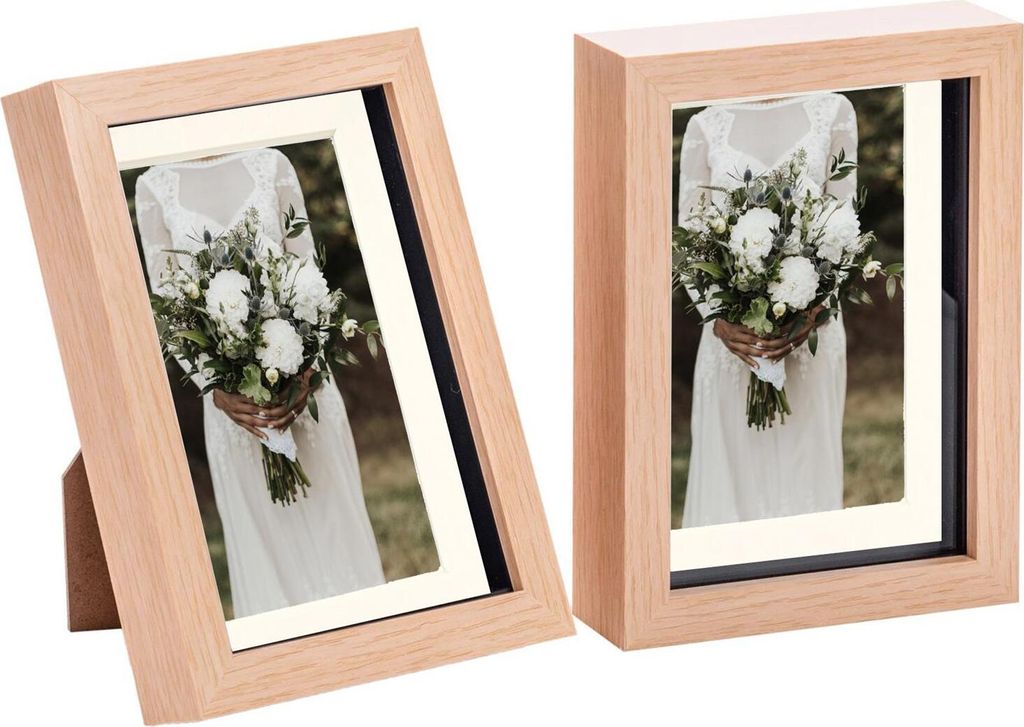 Light Wood 2 Stück 5 x 7" 3D-Schatten-Kasten-Foto-Rahmen-Set - Craft Anzeigen Bilderrahmen mit 4 x 6" Berg - Glas Aperture - helles Holz / Elfenbein