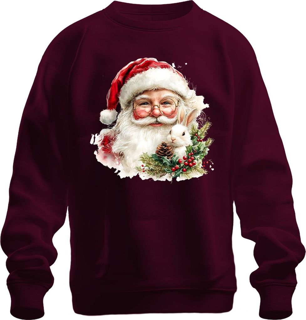Weihnachtsmann Kaninchen Tannenzapfen Stechpalme Aquarell Uni Sweatshirt Pullover, Burgundy, 3XL