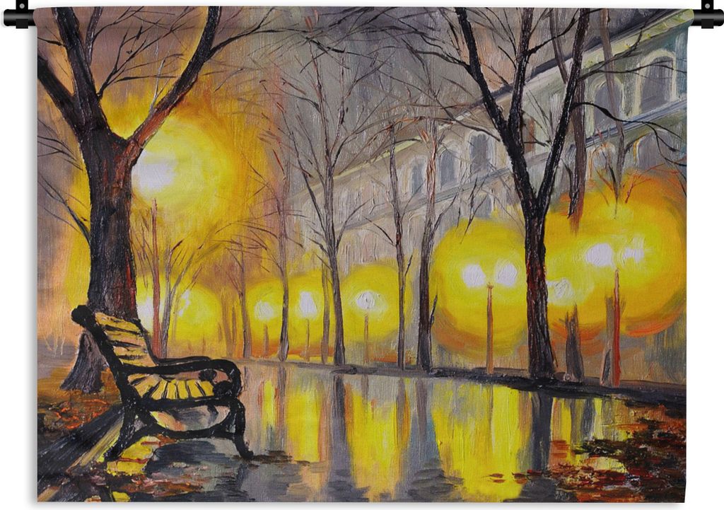 MuchoWow Wandteppich Wandbehang Malerei - Bank - Wasser - Licht - Öl 150x112.50 cm Tapisserie Dekoration Wandtuch - Wanddecke - Wandteppiche