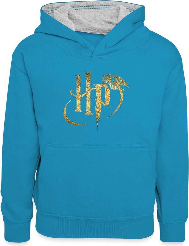 Spreadshirt Harry Potter HP Logo Kinder Kontrast-Hoodie, XS (3/4 years), Pfauenblau/Grau meliert
