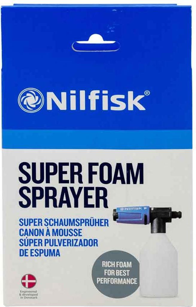 The image shows the retail packaging of a Nilfisk Super Foam Sprayer.