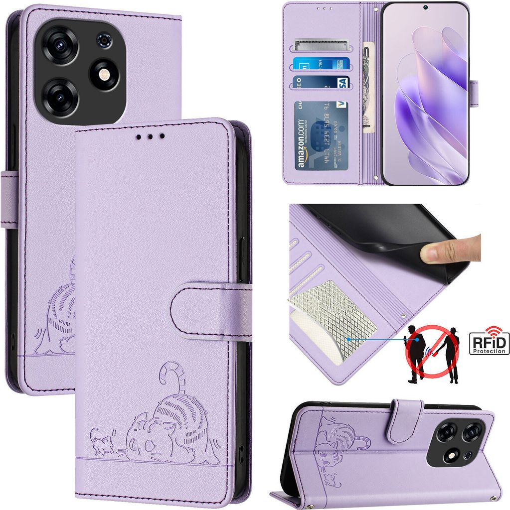 Leder Hülle für Tecno Spark 10 Pro Magic Süße Katze Flip Case Brieftasche Schutzhülle mit Standfunktion Lila