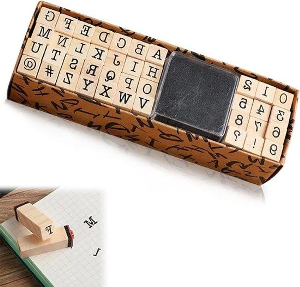 Lot de 40 Tampons Alphabet en Bois avec Encreur pour Loisirs Créatifs