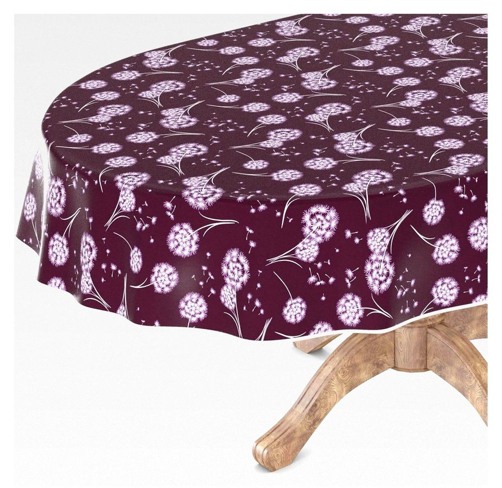 Wachstuchtischdecke abwaschbar für Gartentische, eckig, rund, oval, 140 x 240 cm mit Saum Pusteblume Bordeaux
