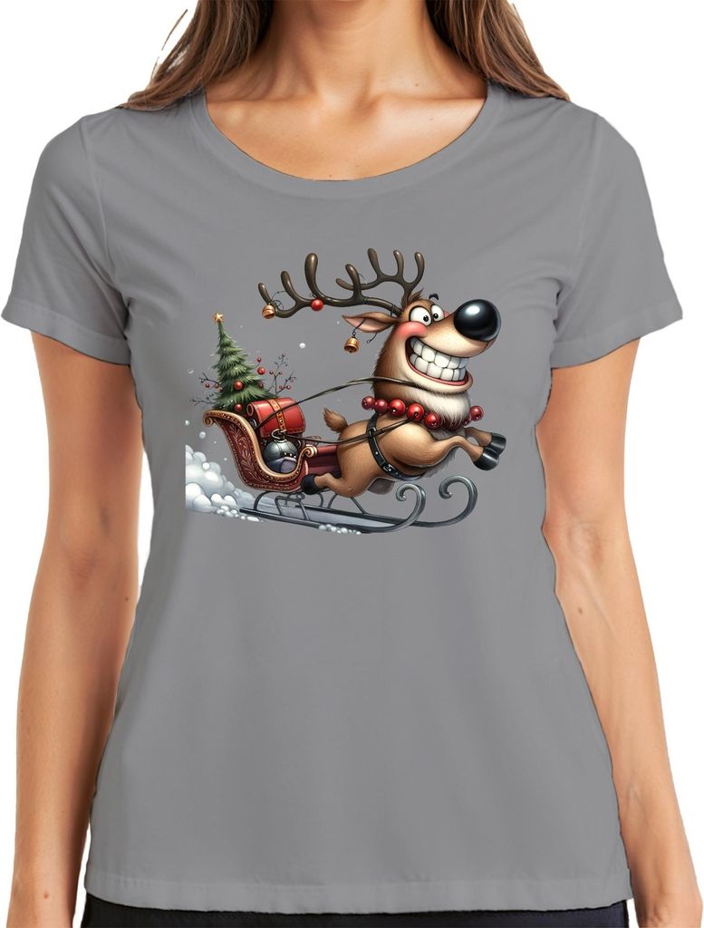 Lustiges Rentier Schlitten Weihnachten Geschenk Retro Damen T-Shirt, Grau, L