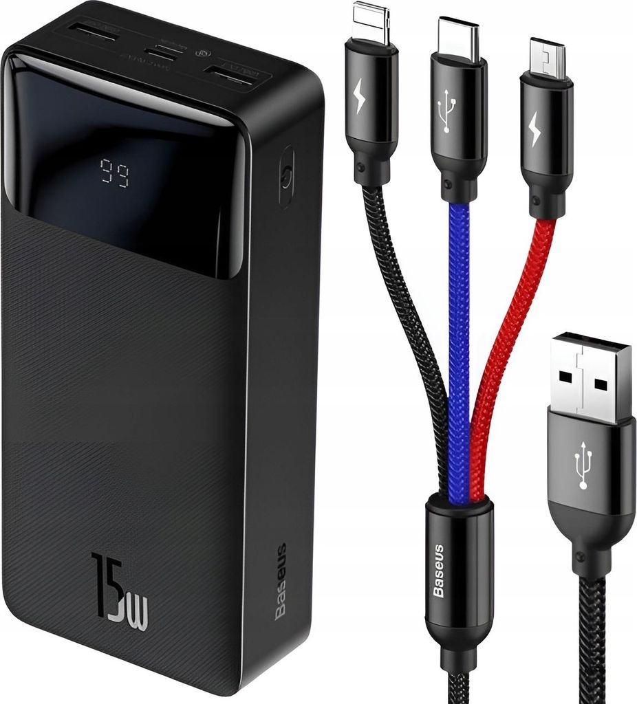 Schwarze Powerbank Baseus 30000Mah 15W Mit Lightning + Usb-C + Micro Usb Kabel